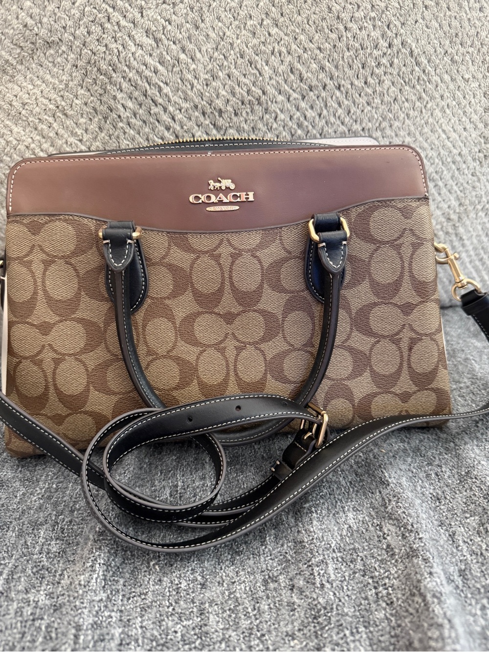 Coach handbag: Brown, black straps and beige sides/bottom.